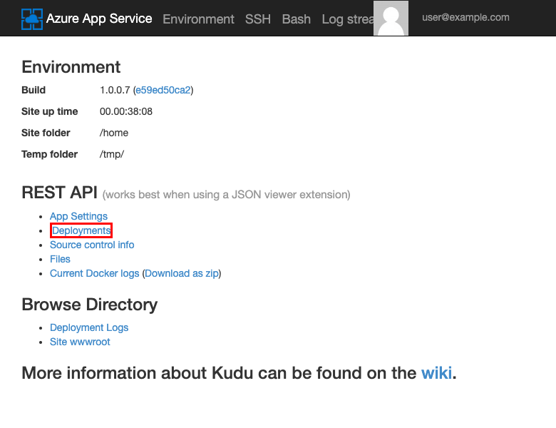 A screenshot of the main page in the Kudu SCM app showing the different information available about the hosting environment.