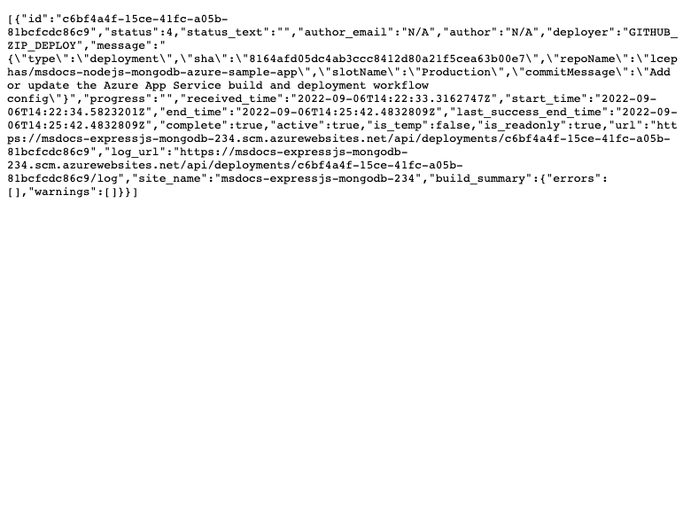 A screenshot showing deployment history of an App Service app in JSON format.