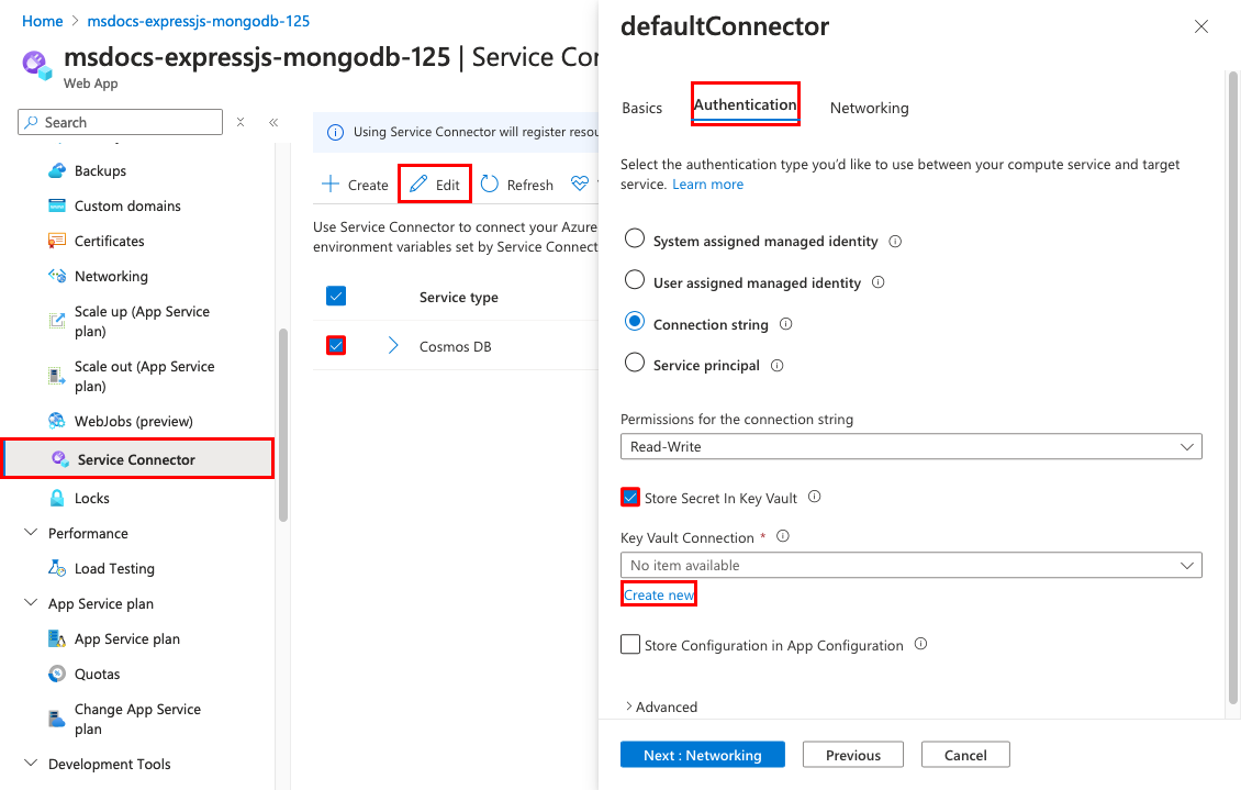 A screenshot showing how to edit a service connector with a key vault connection.