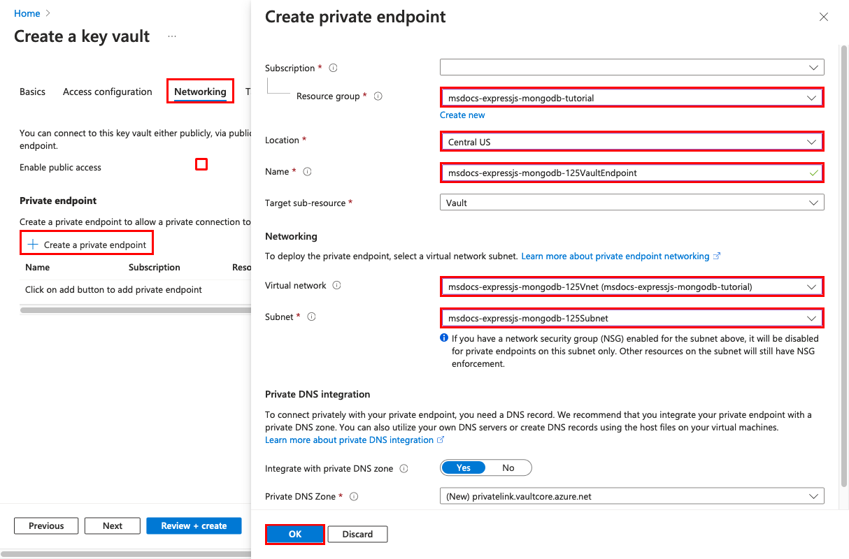 A screenshot showing how to secure a key vault with a private endpoint.