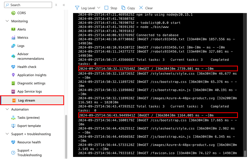 A screenshot showing how to view the log stream in the Azure portal.