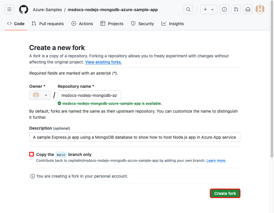 A screenshot showing how to create a fork of the sample GitHub repository.