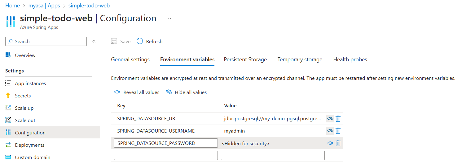 Screenshot of the Azure portal that shows the app Configuration page.