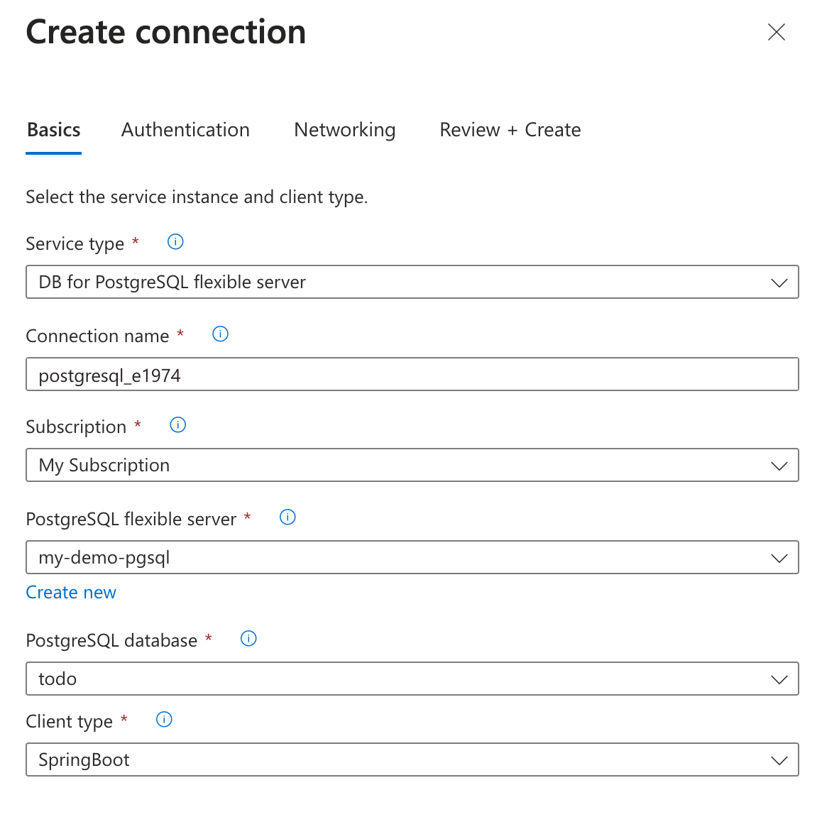 Screenshot of the Azure portal that shows the Basics tab of the created connection pane for connecting to PostgreSQL.