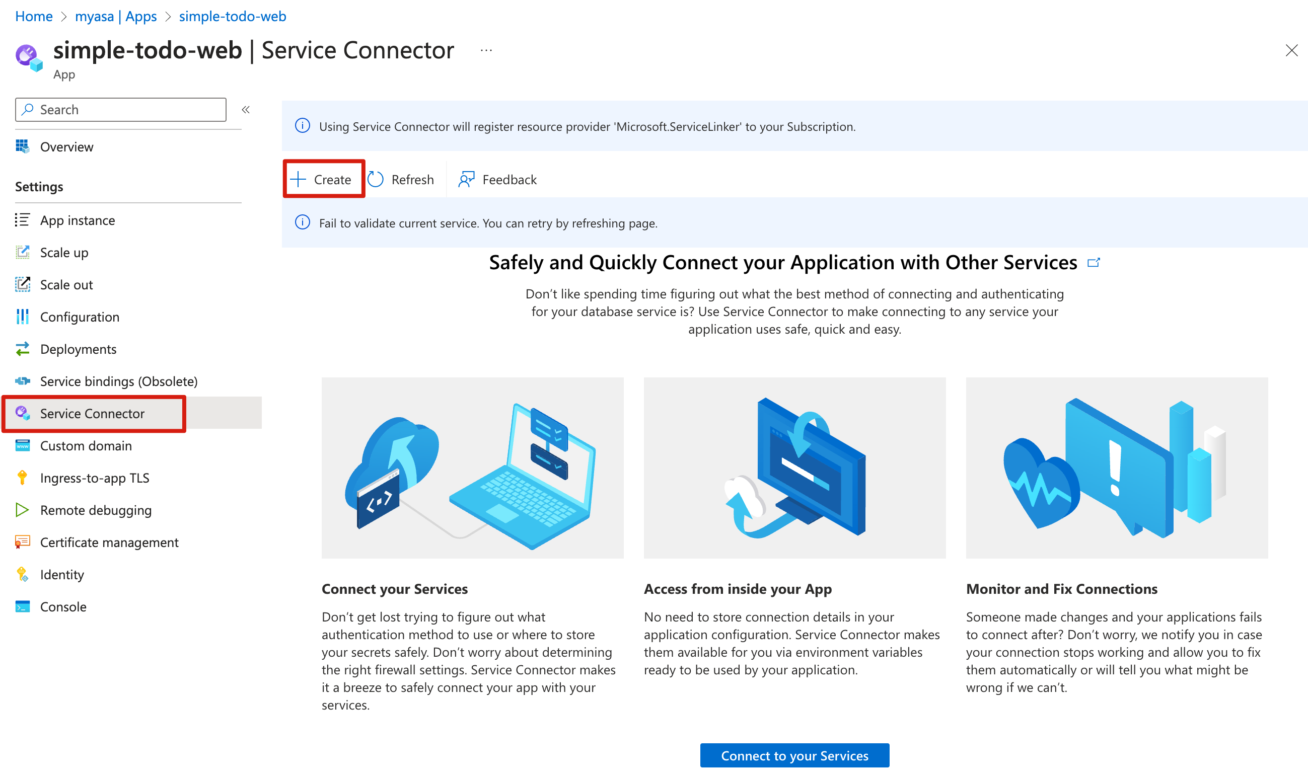 Screenshot of the Azure portal that shows the Service Connector page with the Create button highlighted.