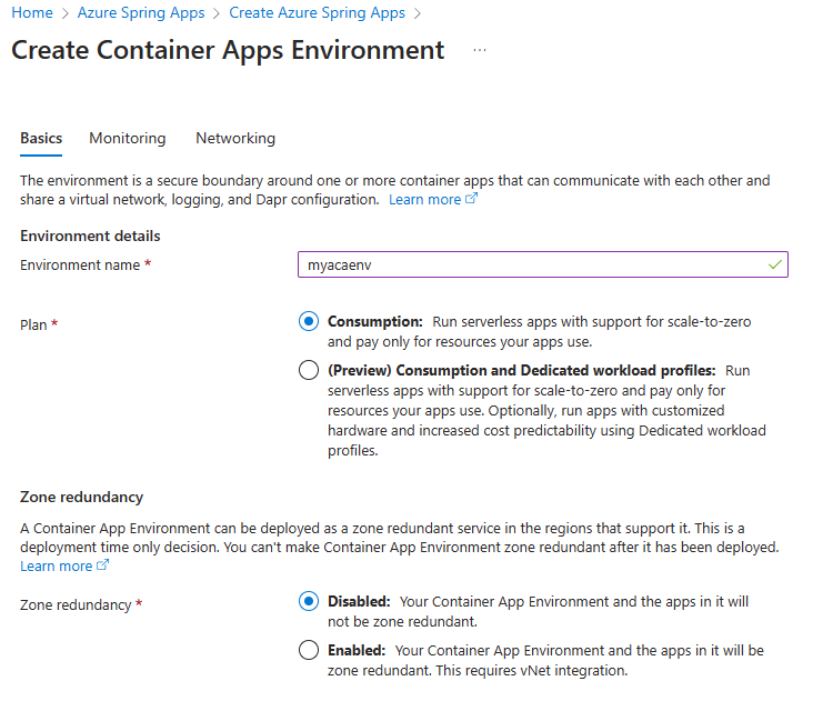 Screenshot of the Azure portal that shows the Create Container Apps Environment.