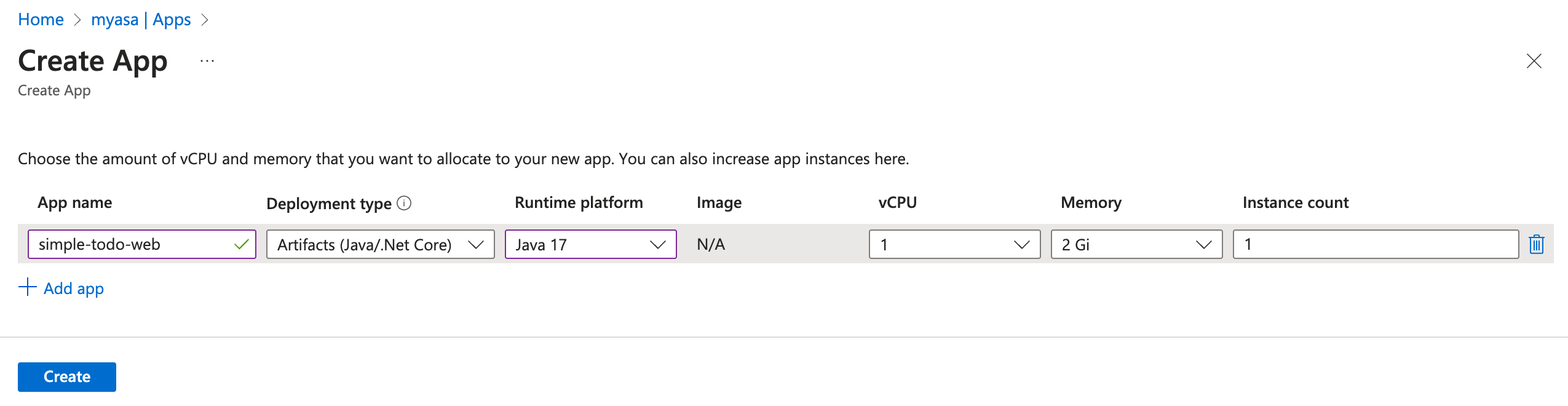 Screenshot of the Azure portal that shows the Create app pane.