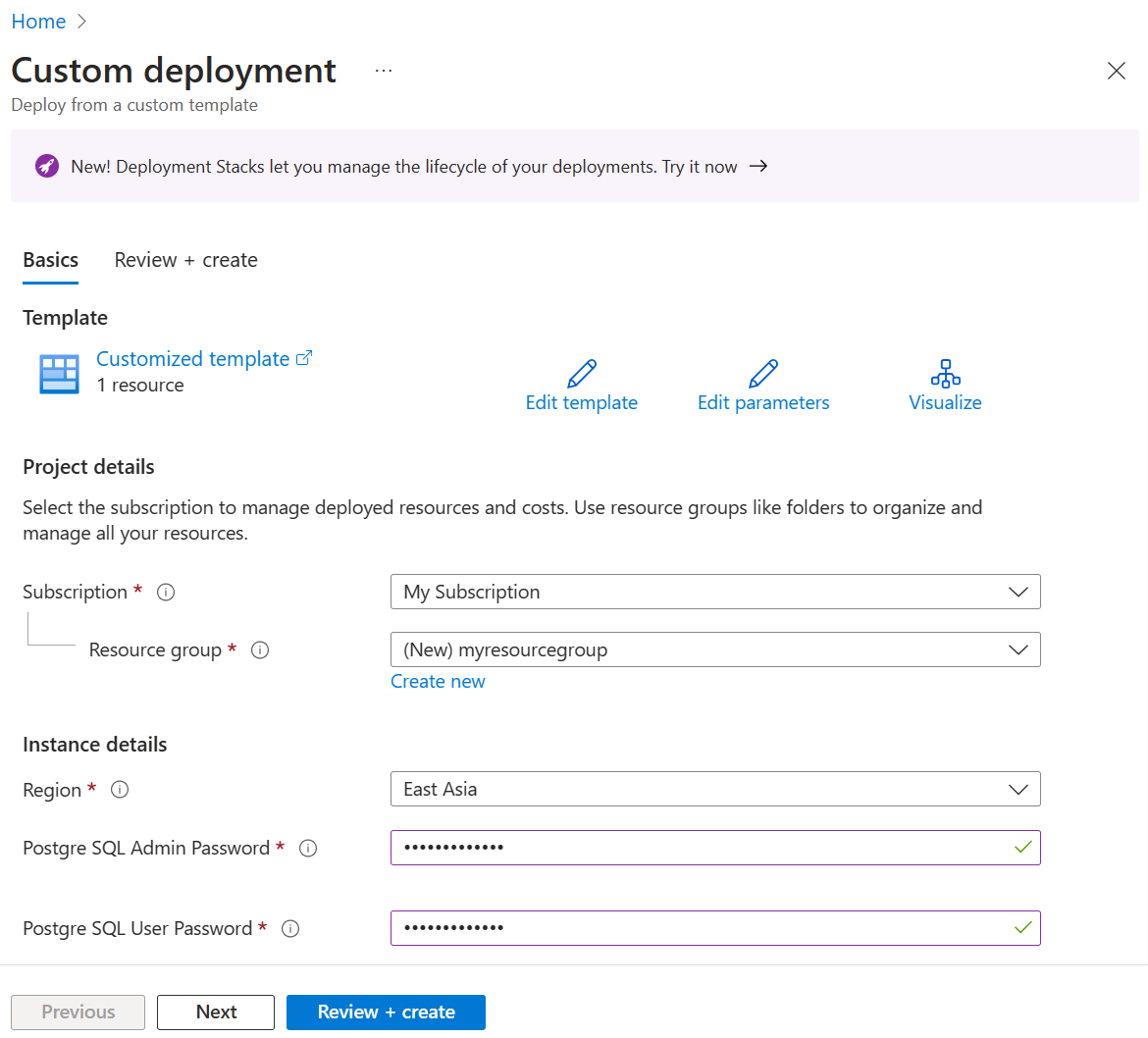 Screenshot of the Azure portal that shows the custom deployment.