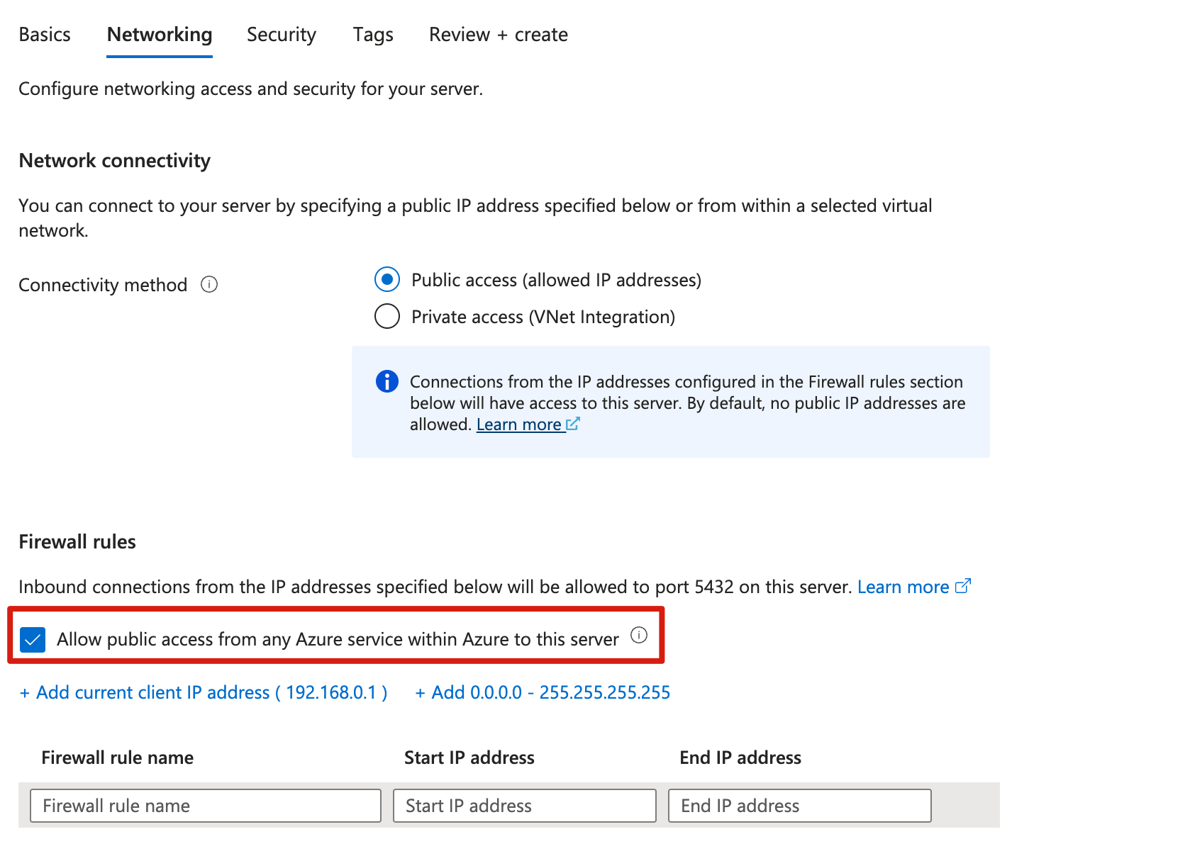 Screenshot of the Azure portal that shows the Networking tab.