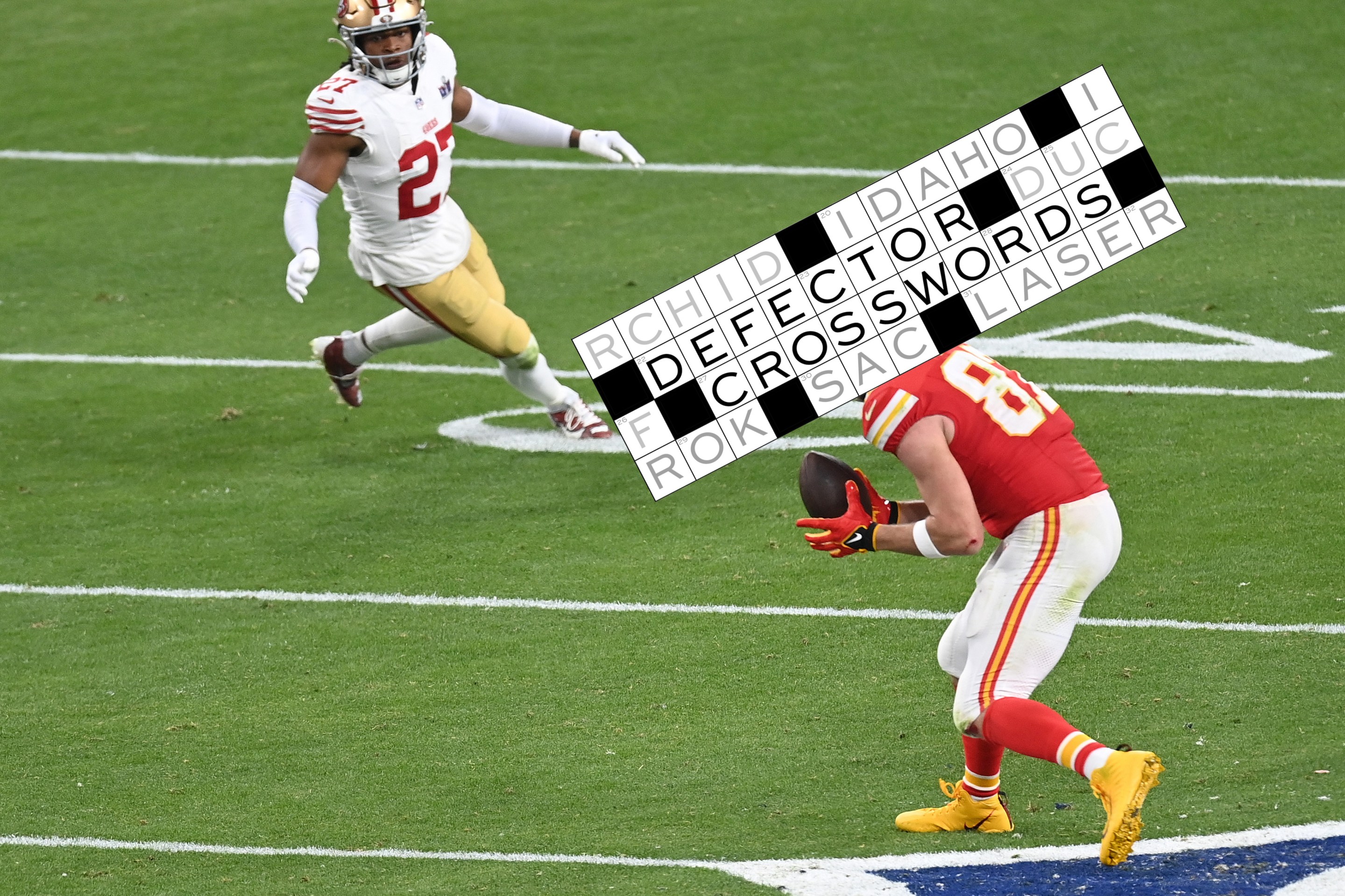 Travis Kelce #87 of the Kansas City Chiefs catches a pass against the San Francisco 49ers in overtime during Super Bowl LVIII at Allegiant Stadium on February 11, 2024 in Las Vegas, Nevada.