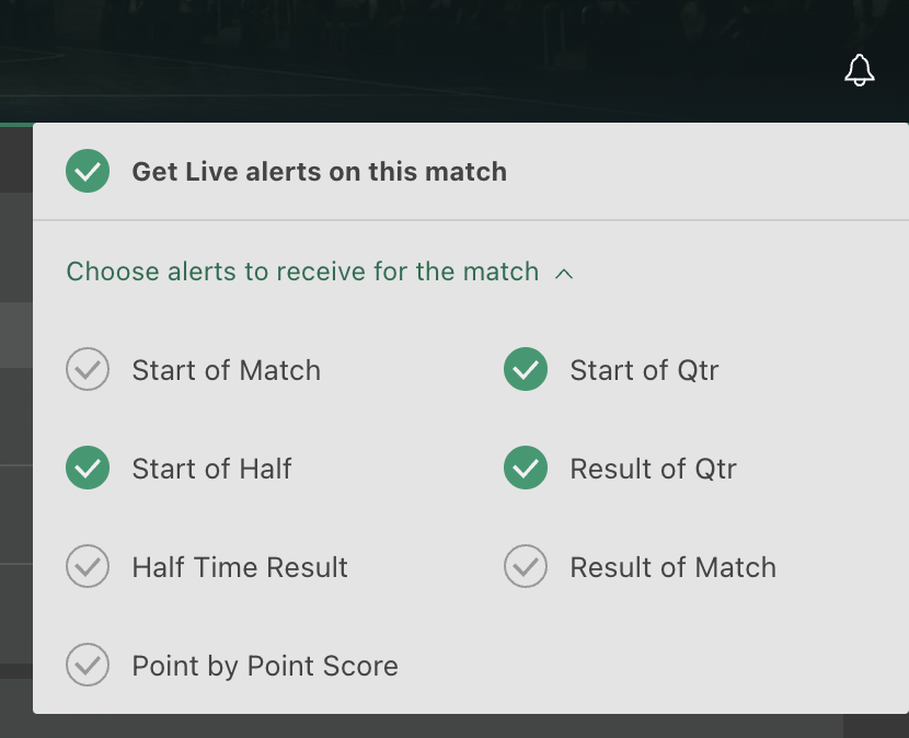 Alert options for NBA matches