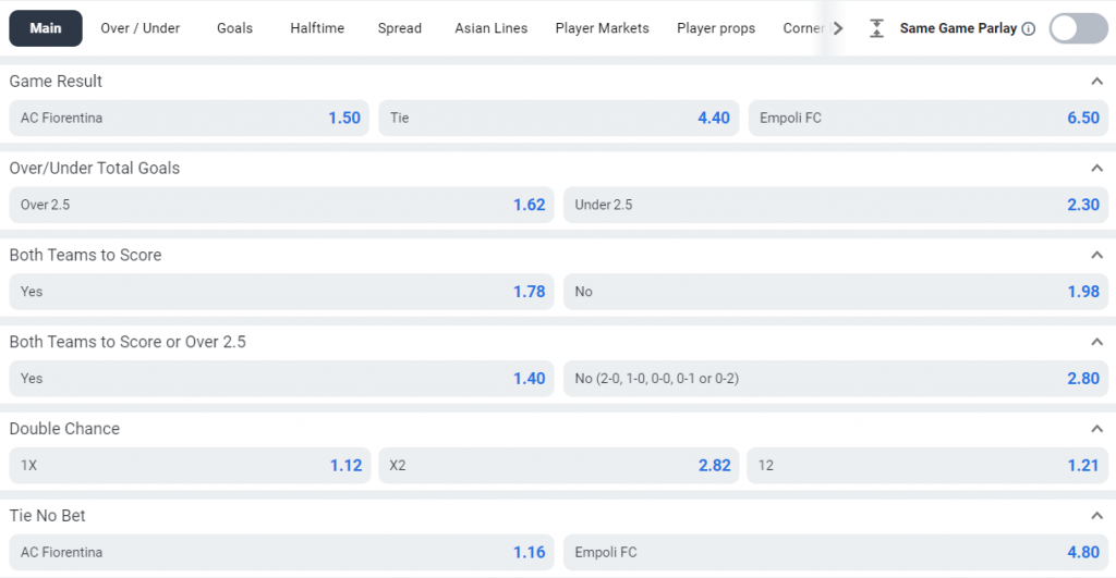 Fiorentina vs Empoli betting markets at Betano