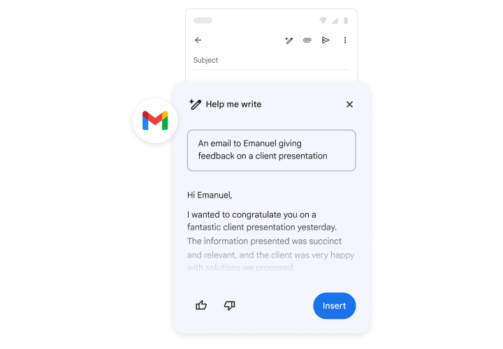 Gemini helpt iemand met het opstellen van een e-mail om feedback te geven op een klantpresentatie.