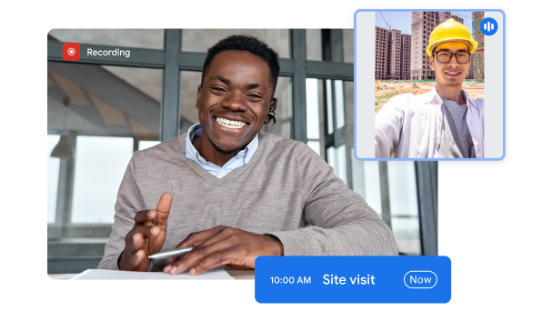 A man on a Google Meet call with a construction worker on site. 