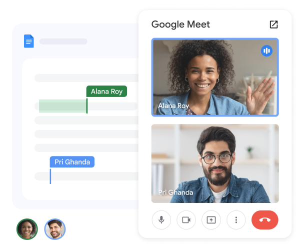 Docs 내에서 Meet 통화 중인 두 명의 팀원