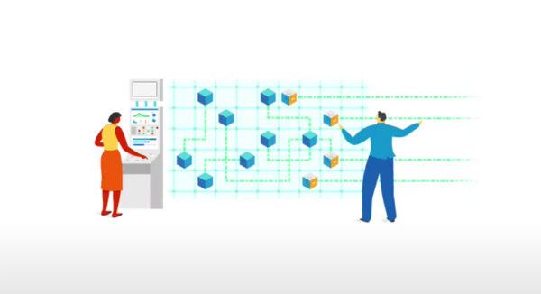 illustration of two people standing in front of a workflows diagram