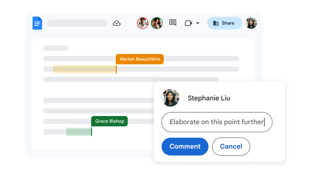 Google Docs UI with multiple authors and comments. 
