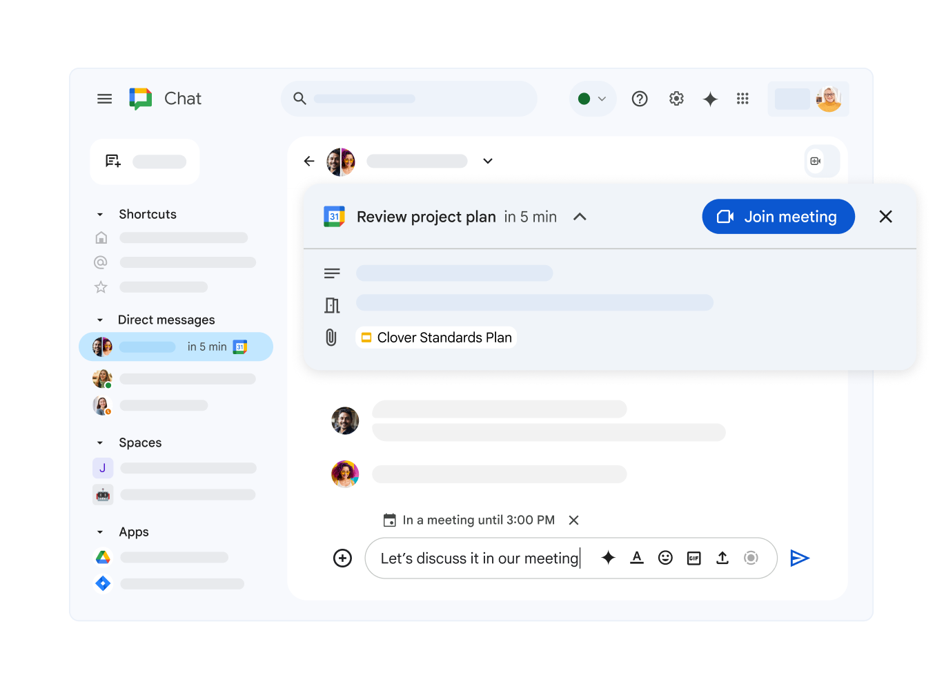 يعرض Google Chat اجتماع قادم في "تقويم Google" مع رابط للانضمام.