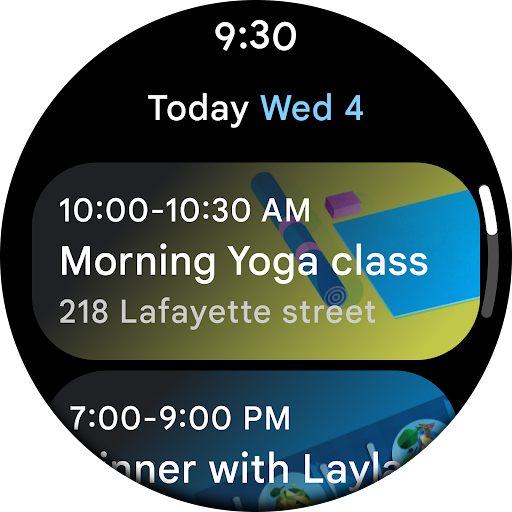 The home screen of the Google Calendar app for Wear OS shows the time, the date, and upcoming events. Details of each event include the start and end times, the title of the event, and the location where the event will take place.
