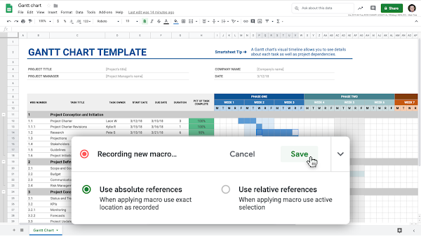 Un gráfico de Gantt en Hojas de cálculo de Google con la opción "Grabar una macro". 