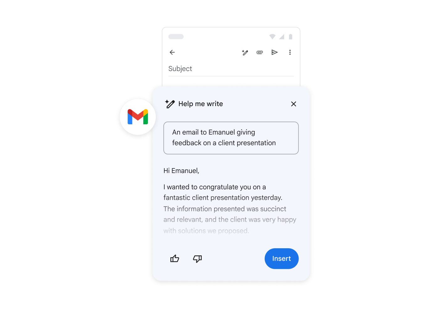 Gemini กำลังช่วยเหลือบุคคลในการเขียนอีเมลเพื่อแสดงความคิดเห็นเกี่ยวกับการนำเสนอต่อลูกค้า