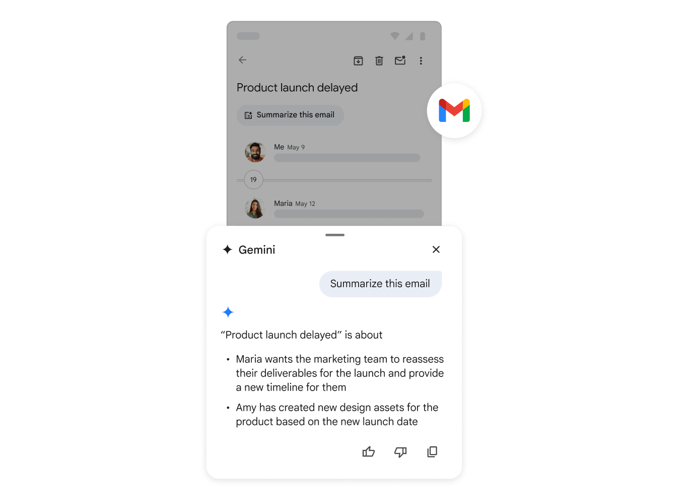 Gemini helpt iemand met een samenvatting van een e-mail.