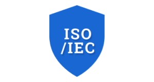 ตัวอักษร ISO และ IEC ในโลโก้รูปโล่สีฟ้า