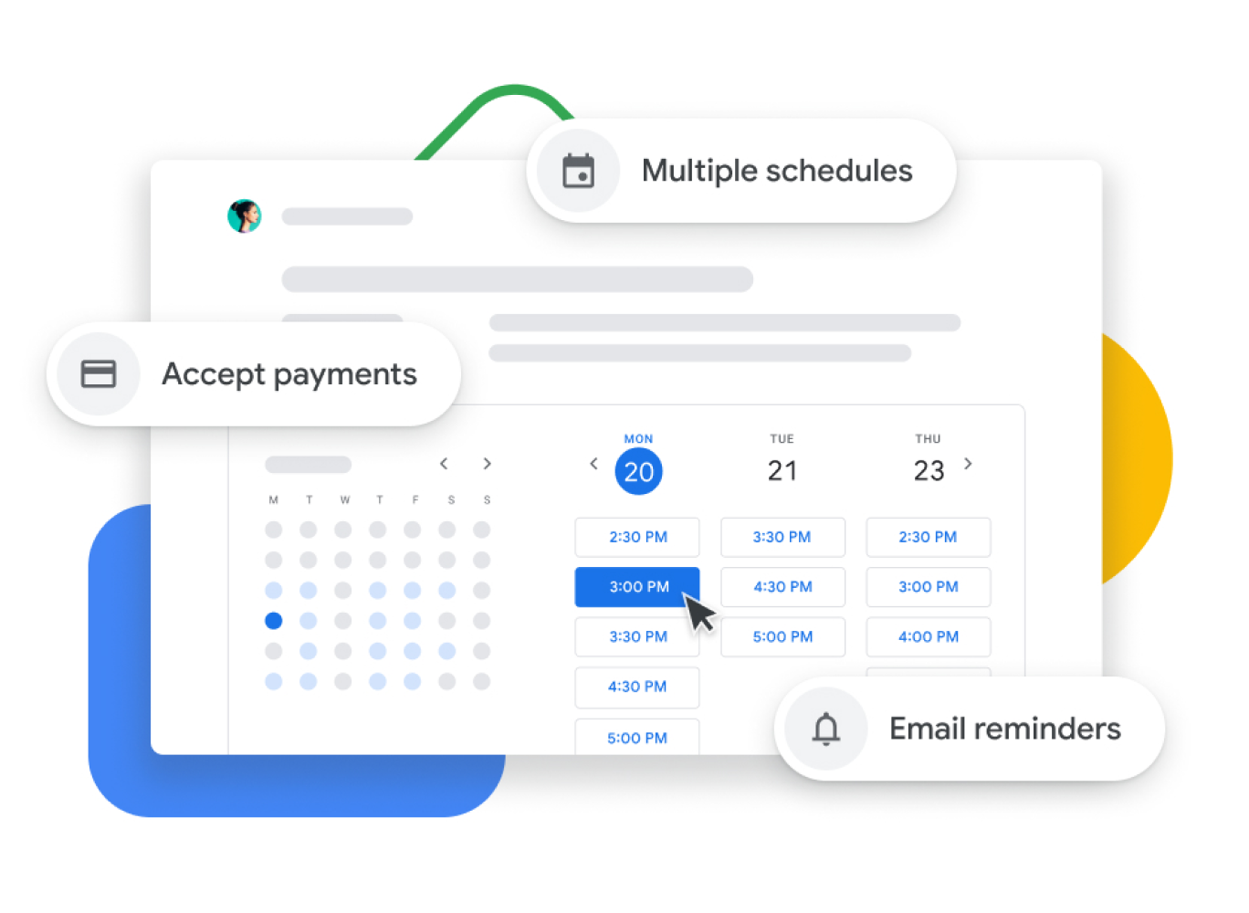 Een grafische voorstelling van Google Agenda met afspraakplanningen waarmee gebruikers betalingen kunnen innen, afspraken voor cliënten kunnen verifiëren en e-mailherinneringen kunnen sturen.