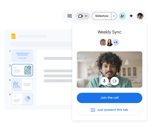 Seorang anggota tim bergabung dalam panggilan video mingguan dari dalam presentasi Google Slide. 
