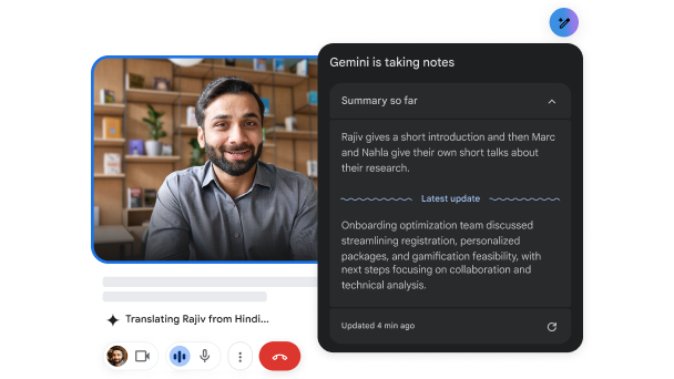 Durante una videollamada, Gemini en Meet traduce del hindi al inglés y toma notas.