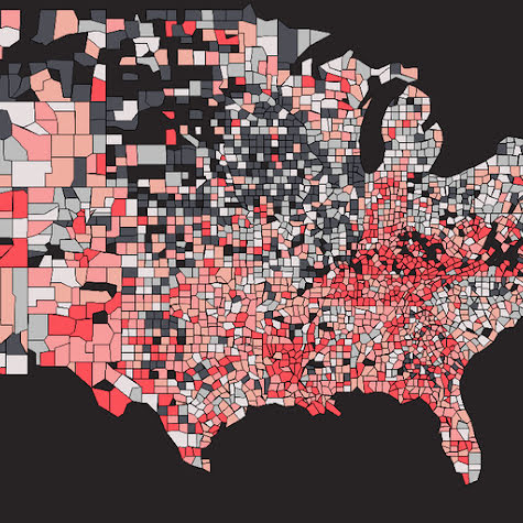 Map of the United States showing color-coded data.