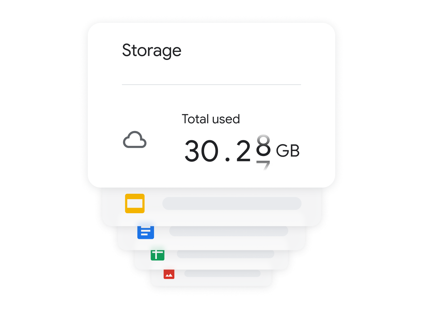 Indication de 30 gigaoctets d'espace de stockage utilisés dans Google Workspace