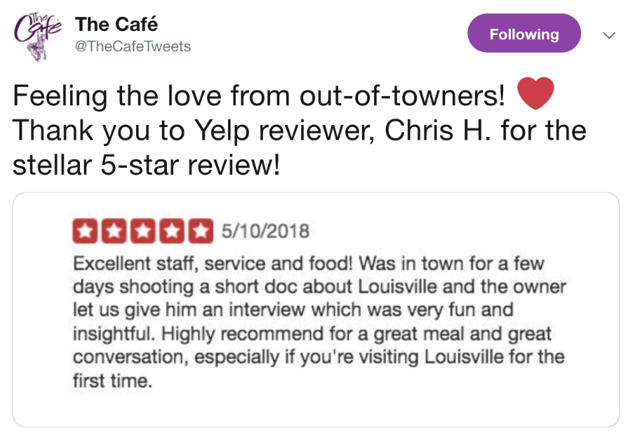 A tweet from a business thanking a customer for a positive Yelp review