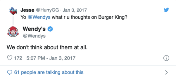 One of Wendy's restaurant's signature snarky tweets, roasting Burger King.