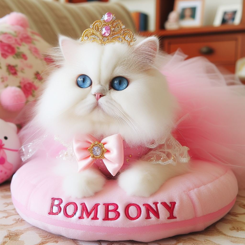 A Persian white cat with blue eyes dressed up like a princess called Bombon text in the image