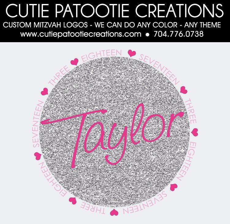 Glitter Logo - Pink and Silver Glitter Bat Mitzvah Logo with Hearts - Custom Colors  Available