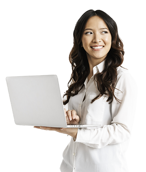 smiling asian woman with computer