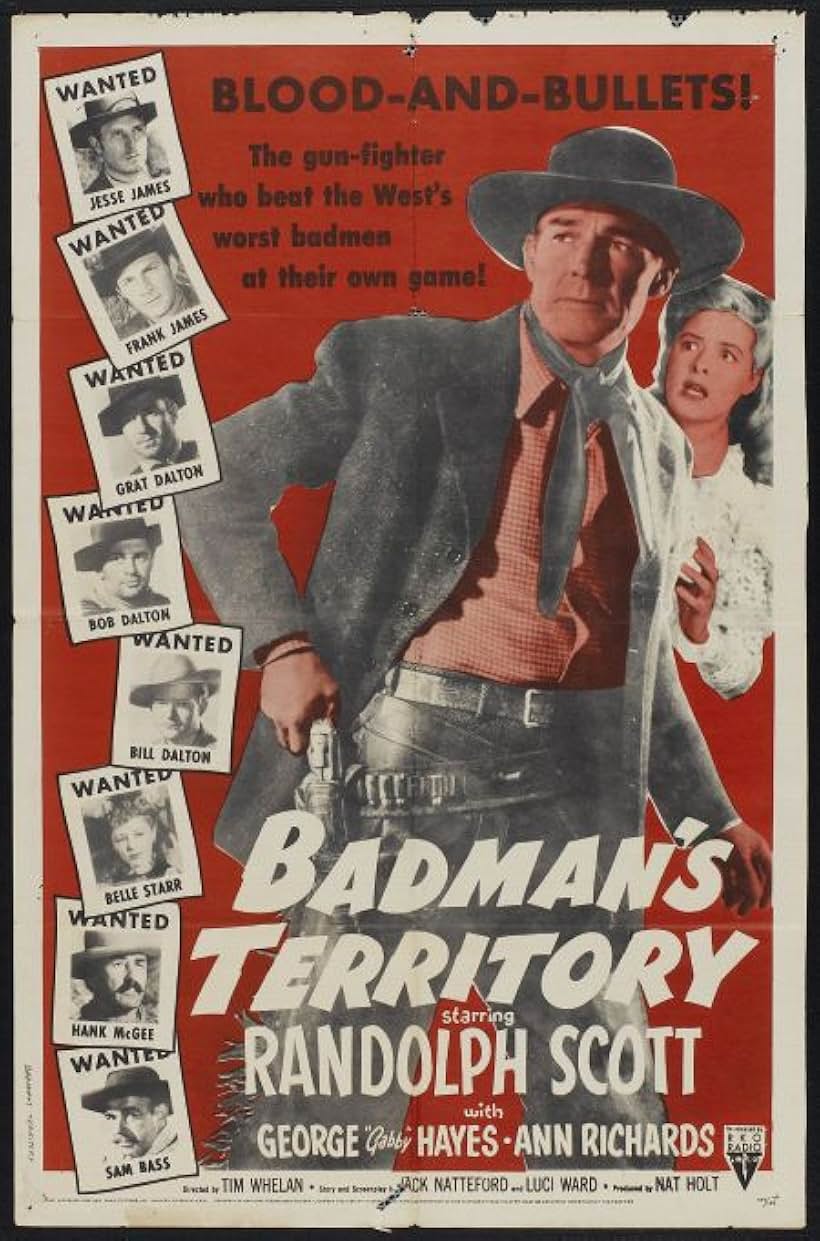 Randolph Scott, Steve Brodie, Isabel Jewell, William Moss, Nestor Paiva, Ann Richards, Lawrence Tierney, Tom Tyler, and Phil Warren in Badman's Territory (1946)