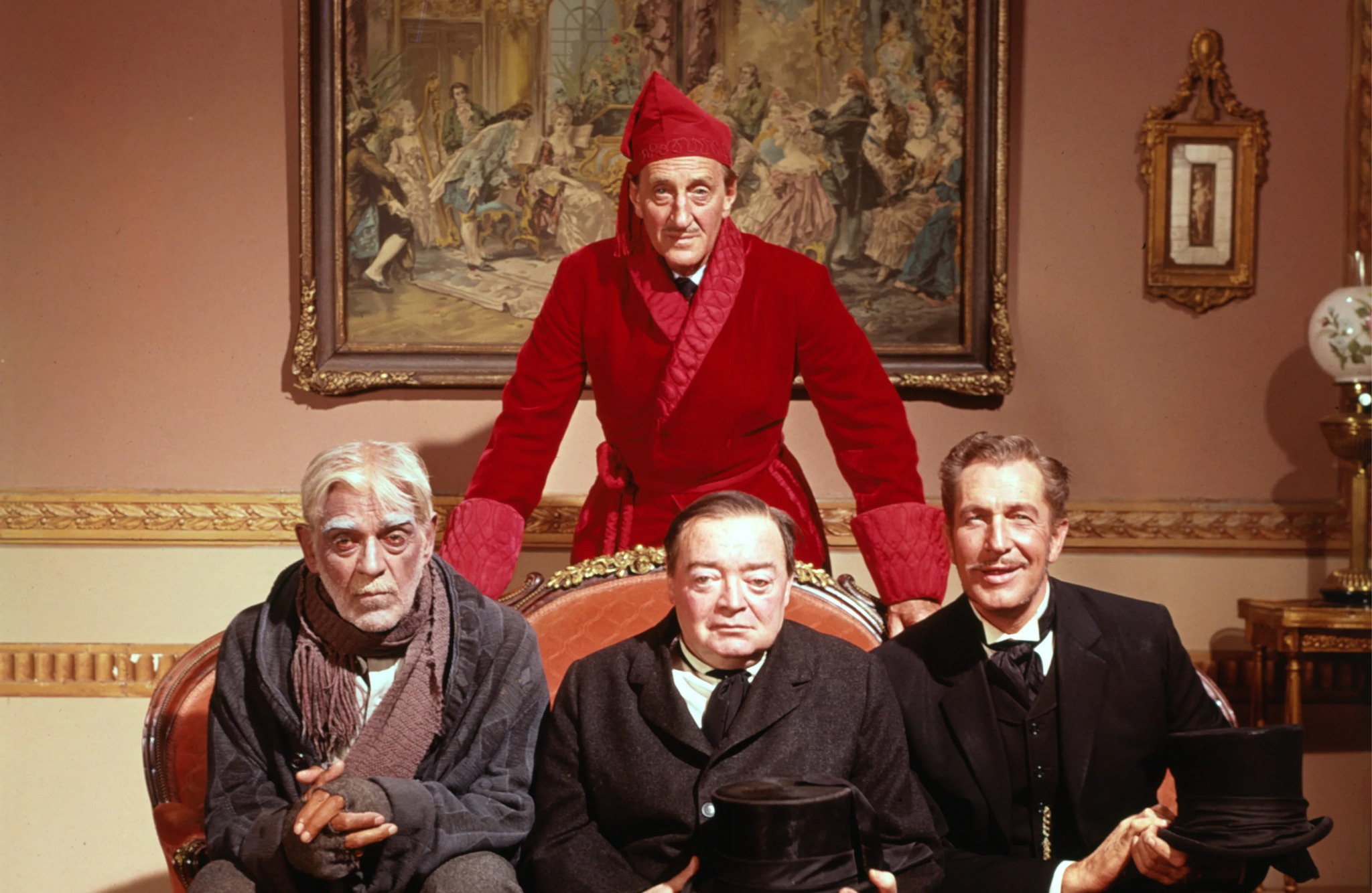 Peter Lorre, Boris Karloff, Vincent Price, and Basil Rathbone in The Comedy of Terrors (1963)