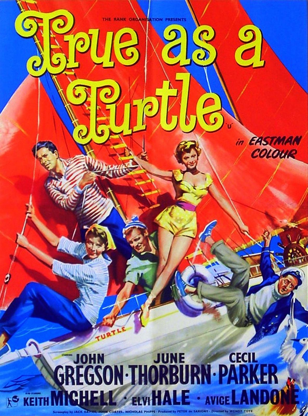 John Gregson, Elvi Hale, Keith Michell, Cecil Parker, and June Thorburn in True as a Turtle (1957)