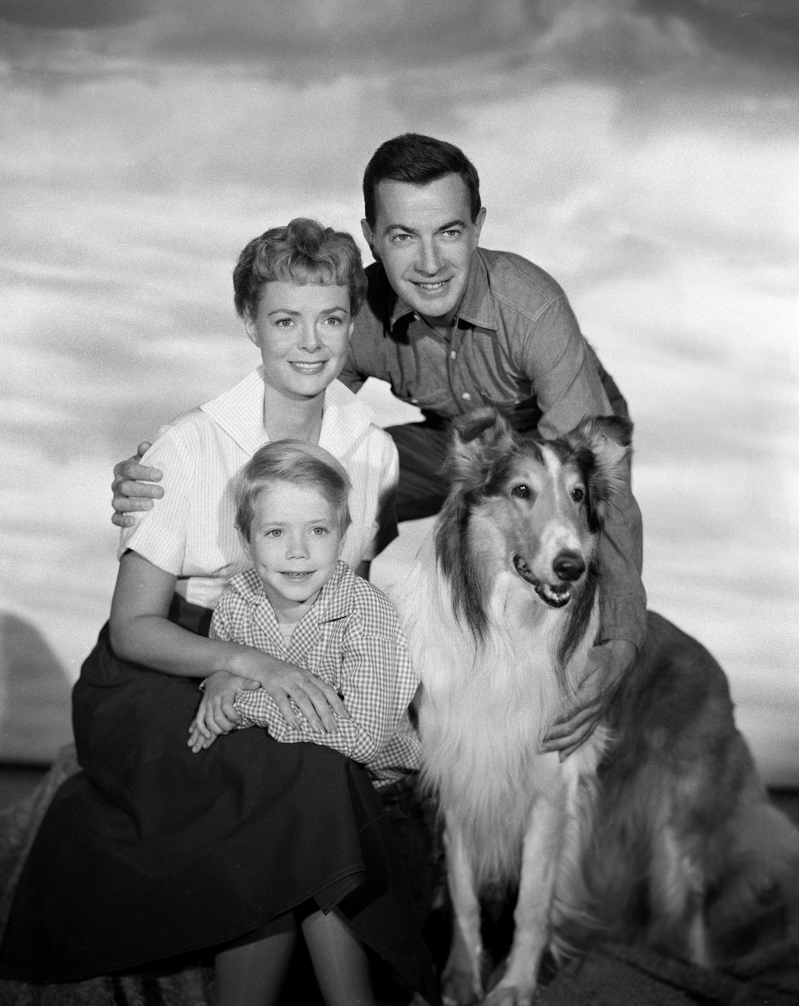 June Lockhart, Jon Provost, Hugh Reilly, Lassie the Dog, and Lassie in Lassie (1954)