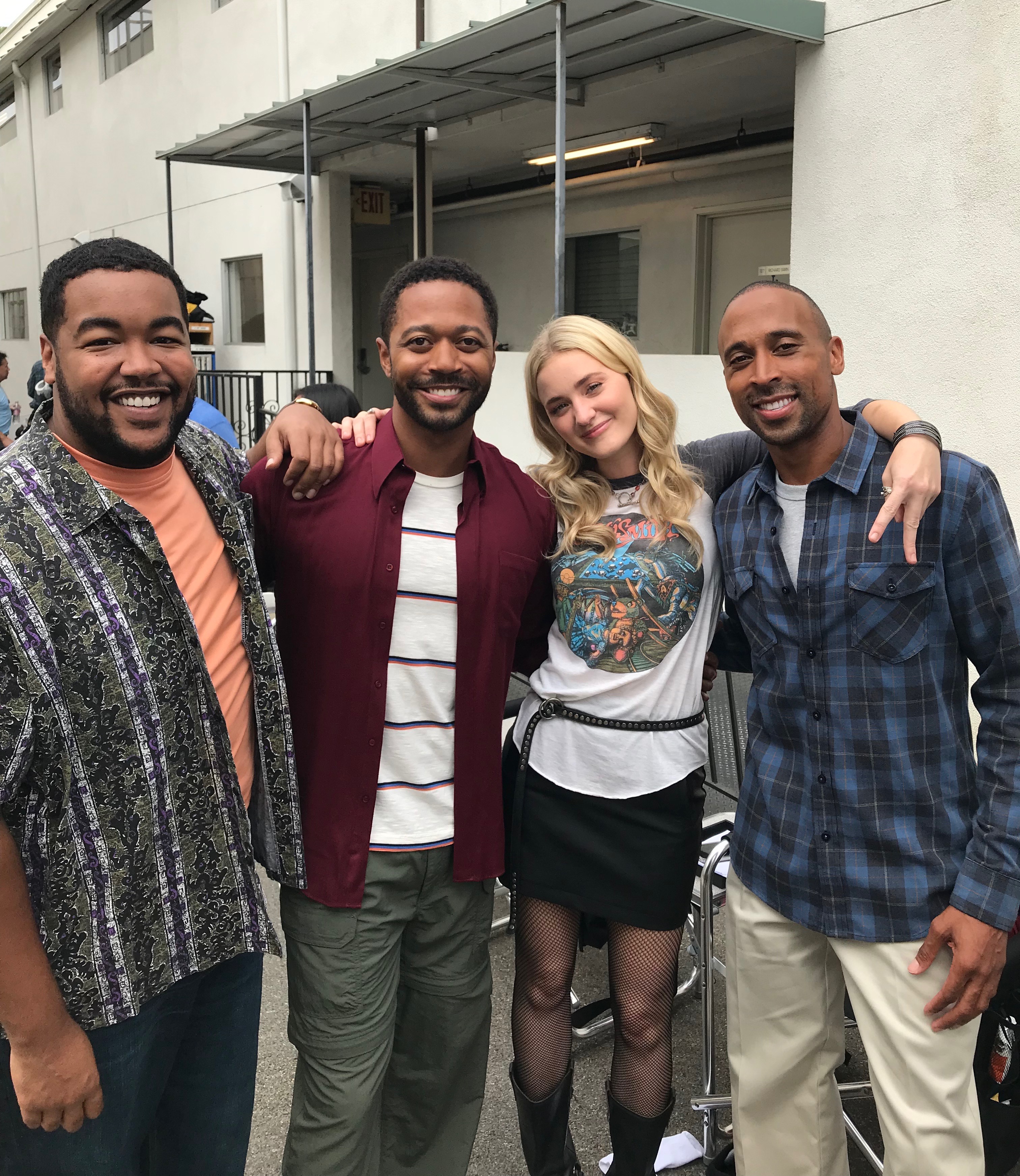 AJ Michalka, Erik Brooks, Thomas Hobson and Johnny Paddio on set of SCHOOLED at Sony Pictures Studios.