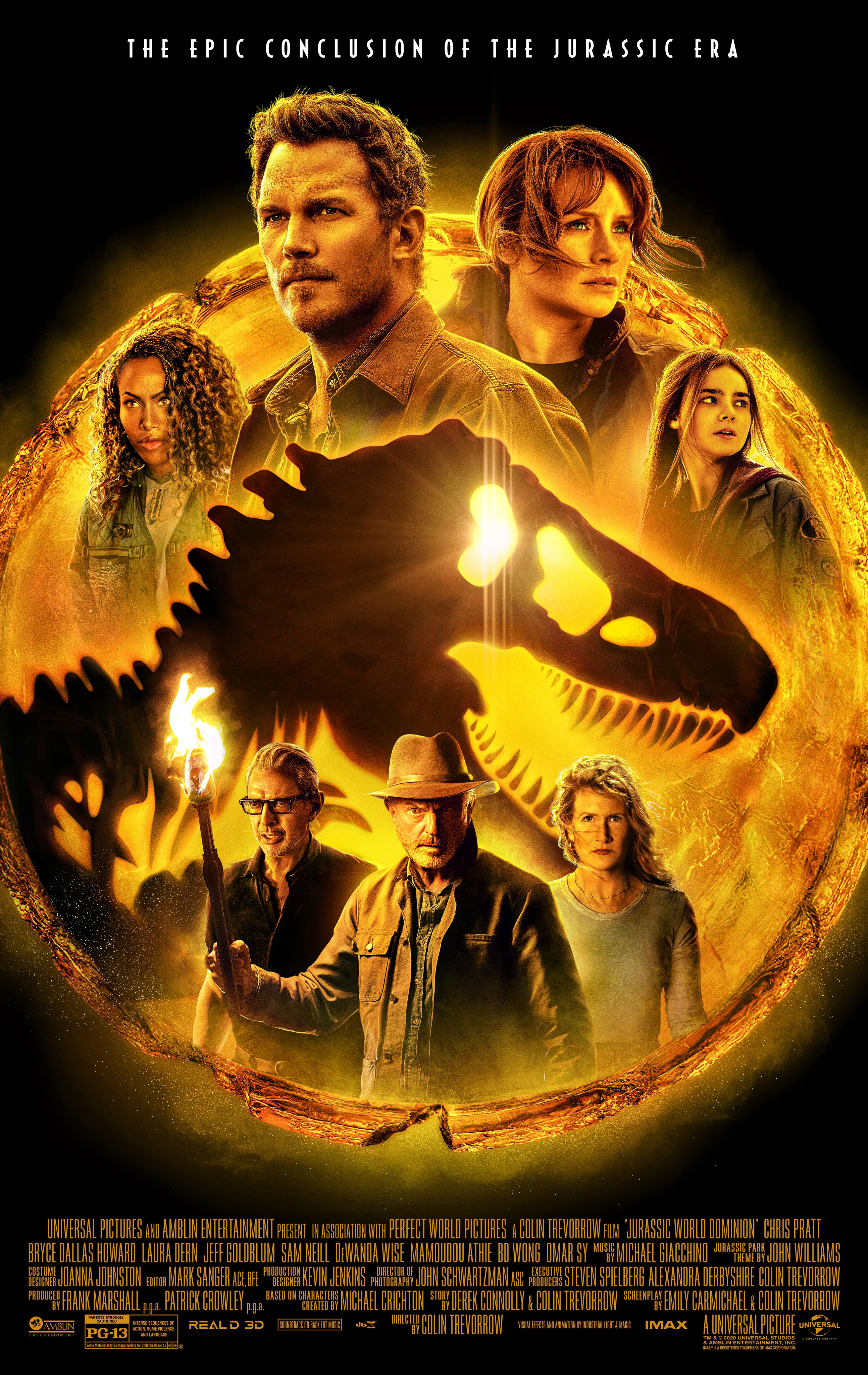 Jeff Goldblum, Laura Dern, Sam Neill, Bryce Dallas Howard, Chris Pratt, DeWanda Wise, and Isabella Sermon in Jurassic World Dominion (2022)