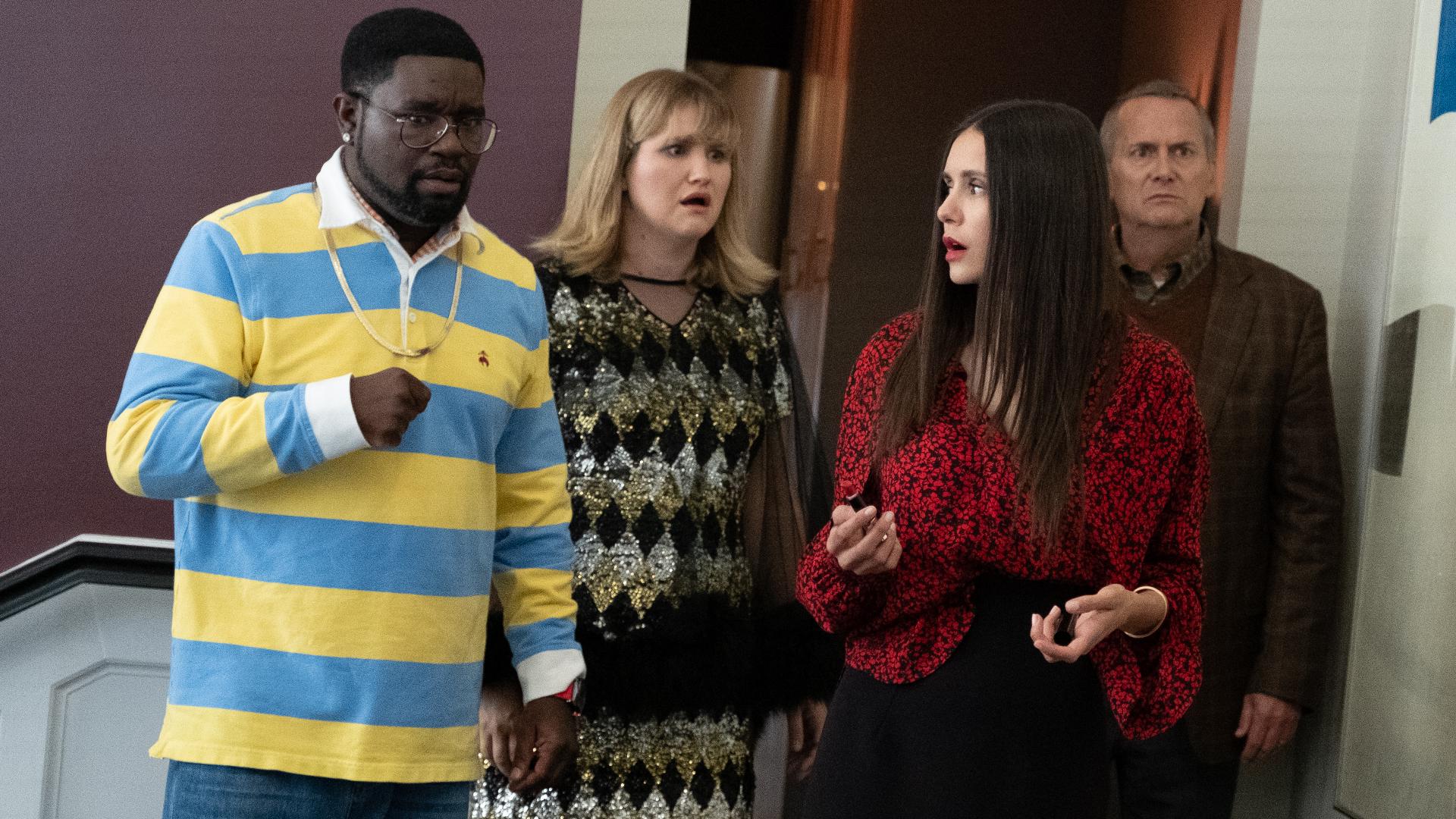 Michael Hitchcock, Nina Dobrev, Lil Rel Howery, and Jillian Bell in Reunion (2024)