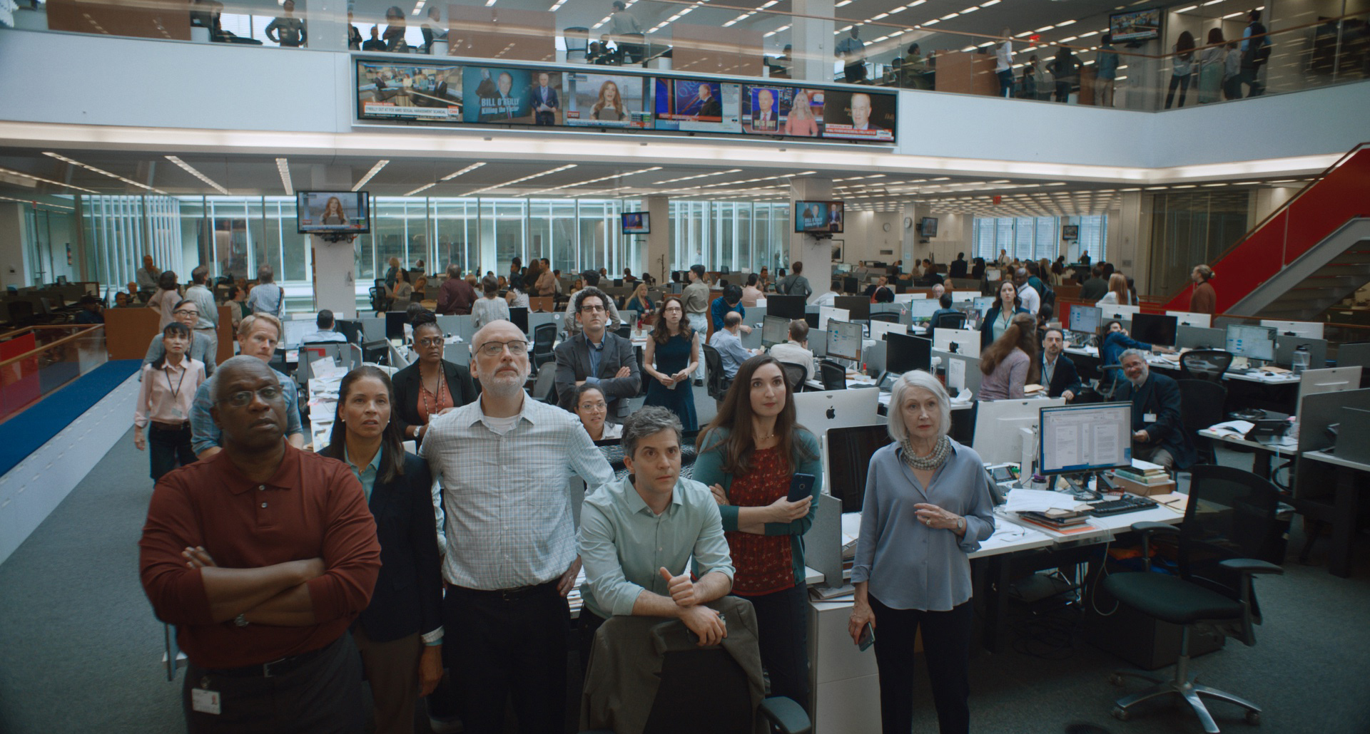 L to R Andre Braugher, Frank Wood, Adam Shapiro, Mike Spara, Zoe Kazan, Sarah Ann Masse, Patricia Clarkson in She Said