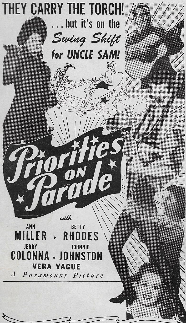 Barbara Jo Allen, Harry Barris, Jerry Colonna, Johnny Johnston, Ann Miller, and Betty Jane Rhodes in Priorities on Parade (1942)