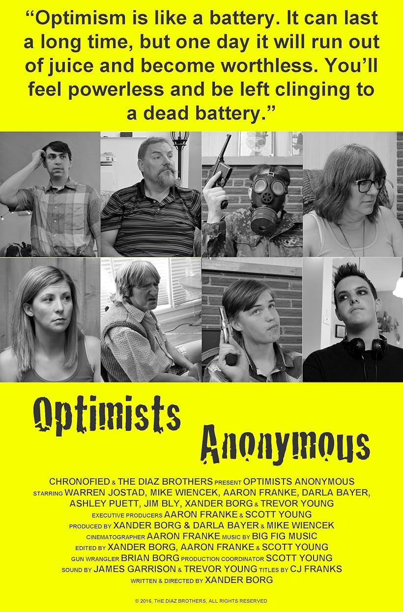 Ashley Puett, Aaron Franke, Darla Bayer, Mike Wiencek, Warren Green, Xander Borg, Trevor Young, and Joe Bly in Optimists Anonymous (2017)