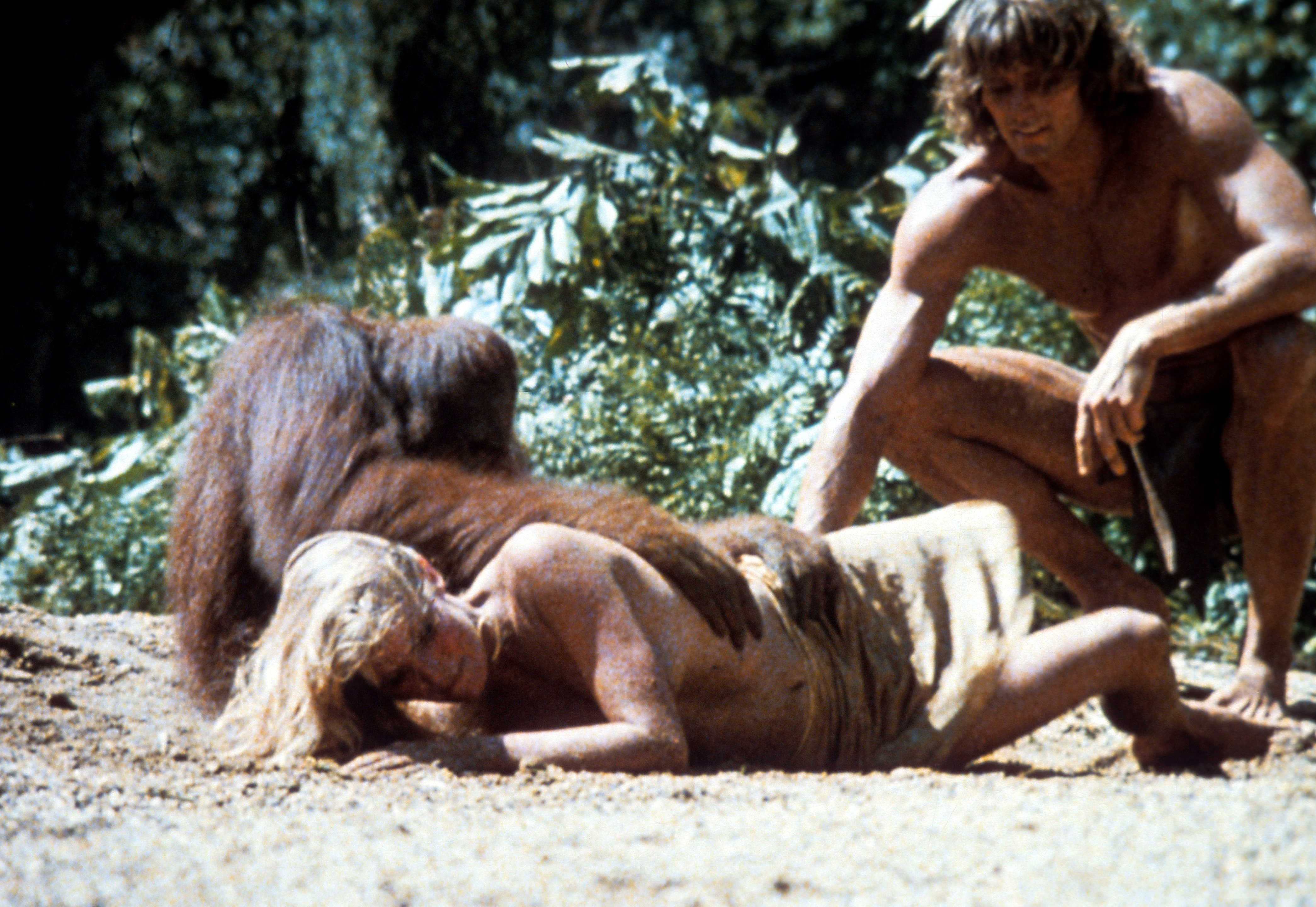 Bo Derek, Miles O'Keeffe, and C.J. the Orangutan in Tarzan the Ape Man (1981)