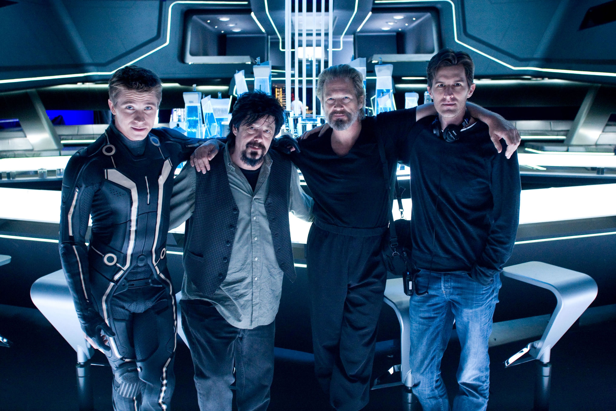 Jeff Bridges, Steven Lisberger, Garrett Hedlund, and Joseph Kosinski in Tron: Legacy (2010)