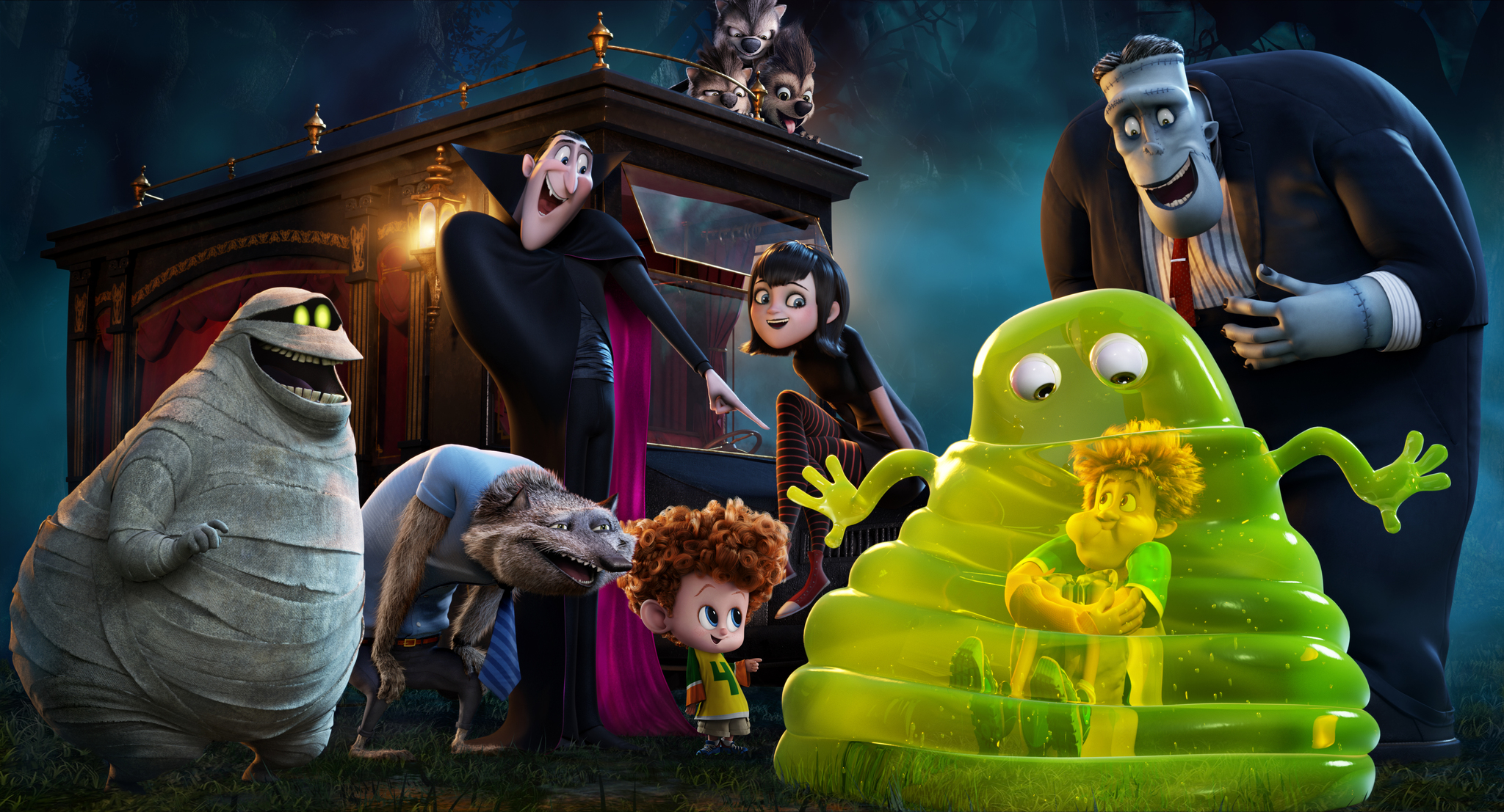 Steve Buscemi, Adam Sandler, Kevin James, Jonny Solomon, Keegan-Michael Key, Selena Gomez, Andy Samberg, and Asher Blinkoff in Hotel Transylvania 2 (2015)